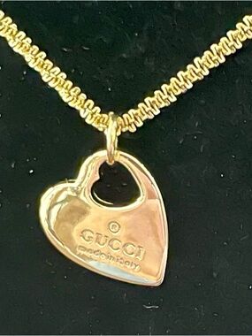 Gucci Gold Heart Pendant Charm necklace stamped 22 inch chain.
